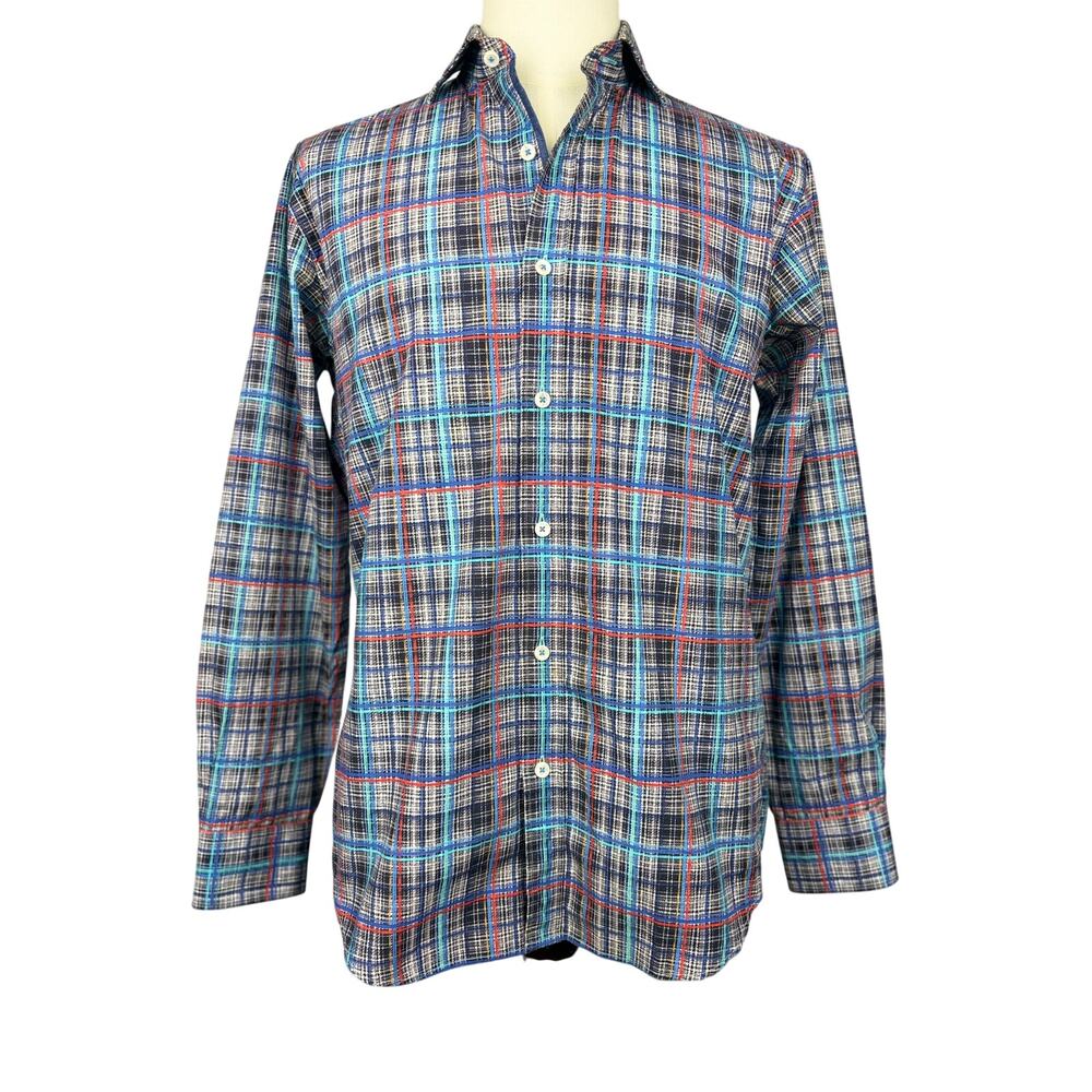 Bugatchi Plaid Button Down Shirt Medium Shaped Fit Blue Red